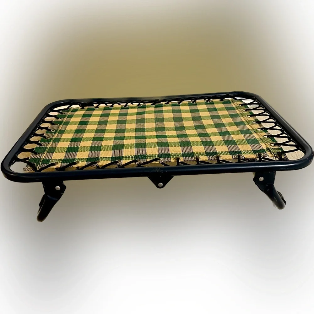 Raised foldable PET DOG BED Breathable Cool GREEN BEIGE PLAID CHECK ANIMAL CAT